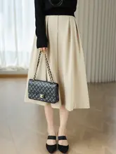 リネン素材の通気性ハイウエストミディスカート【体型カバー・秋用・女性用】