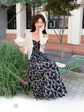 防晒ニットカーディガン付き花柄キャミソールロングドレス【夏用・2点セット・スリム効果】
