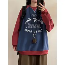春季 美式レトロ学院風 プリントアップリケ入り コントラストカラーのラグランスリーブスウェットシャツ【レディース用】