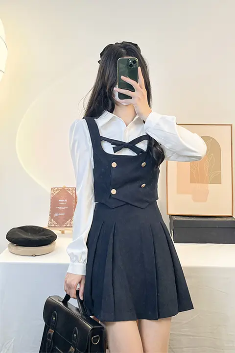 アイスクリームとクジラのレトロ学院風ベスト【コーデュロイ・プリーツスカート付き】（セットアップ対応）