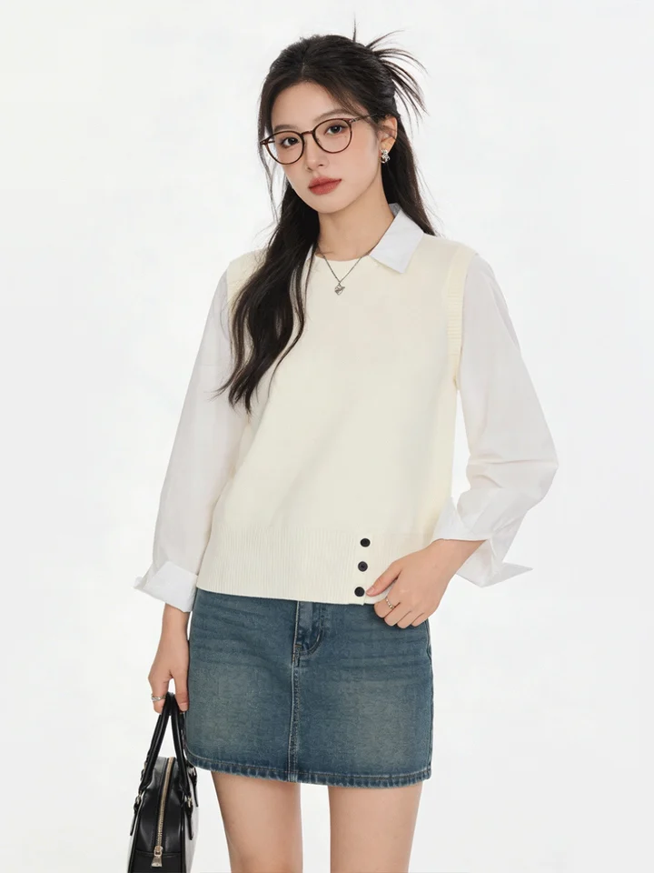 春先にぴったり！杏色のニット重ね着風シャツ【カジュアルな学院スタイル・スリムフィット】（セットアップ対応）