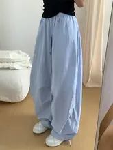 ブルーストライプのパンツ【ワイドレッグ・女性用・カジュアル・工装】（セットアップ対応）
