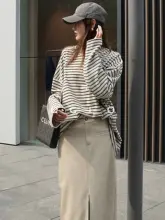 円形フリースのゆったりとした韓国風長袖Tシャツ【春秋用・ストライプデザイン・重ね着対応】