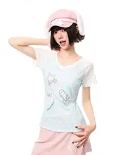 半袖Tシャツ レディース サブカル 星柄 猫プリント Vネック ハート パッチワーク 短丈 若見え 夏