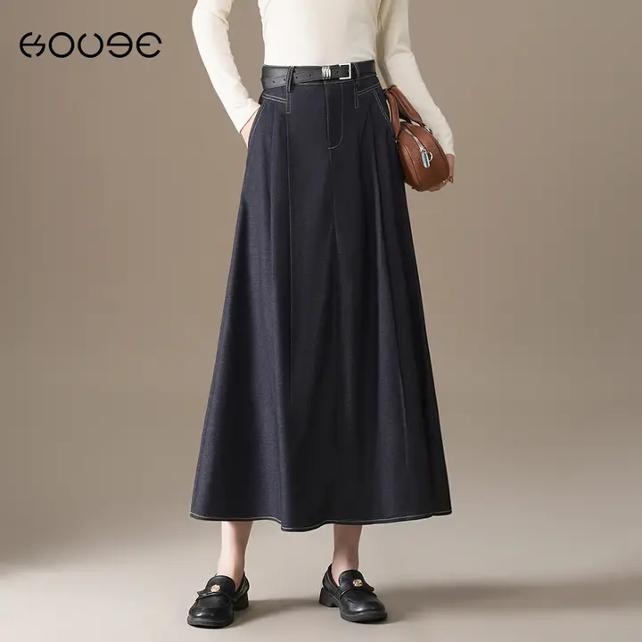 デニムブルーのフレアスカート【Aライン・ハイウエスト・中丈・春秋用】