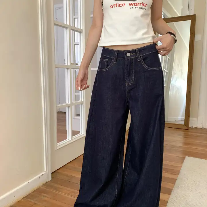 アメリカンレトロデザインのワイドレッグパンツ【デニム・夏用・ハイウエスト・ゆったりフィット】（セットアップ対応）