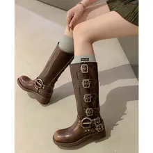 膝上ロングブーツ【レトロバイカースタイル・バックル付き・ブラウン】