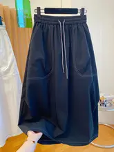 ブラックステッチデザインのワークスタイル半身スカート【ゆったりハイウエスト・膝下丈】