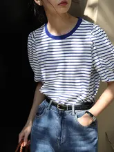 夏用 ゆったりデザイン カジュアルストライプTシャツ【プリンセススリーブ・ラウンドネック】