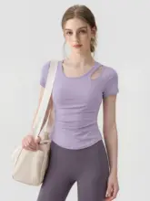 女性用 トレーニングウェア【短袖・ウエストシェイプ・速乾・胸パッド付き・フィットネス・ヨガ】（セットアップ対応）