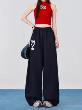 アメリカンストリート風 ロゴプリント ハイウエストカジュアルパンツ【ダンス用・秋季・ルーズフィット・ワイドレッグ】（セットアップ対応）