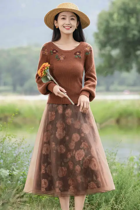 小柄女性向けニットデザインのセーターとスカート【秋季新作・極上の柔らかさ】（セットアップ対応）