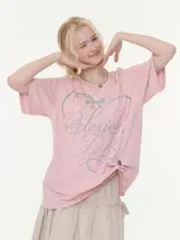 夏用Vネック字母プリントTシャツ【ピンク・ゆったりシルエット・短袖】