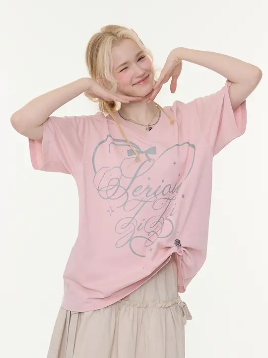 夏用Vネック字母プリントTシャツ【ピンク・ゆったりシルエット・短袖】