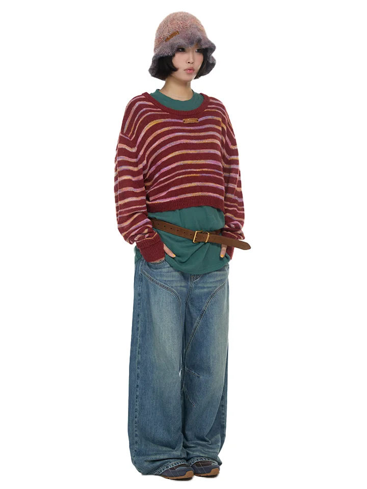 ビビッドカラーのストライプセーター【大きめシルエット・ラウンドネック・秋冬用】
