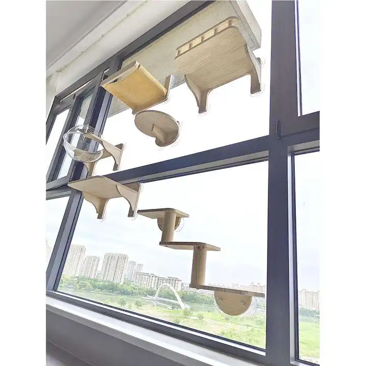 穴あけ不要 吸盤式 木製キャットクローリングラック【壁掛け・窓辺用・ハンモック付き】