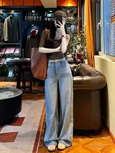 YIJIANG 天然素材使用のロングデニムパンツ【ライトカラー・ワイドレッグ・ハイウエスト・スリム効果】
