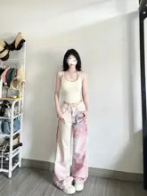 美式レトロ ピンクデニムパンツ【女性用・ハイウエスト・フィット・ストレートレッグ】