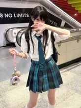 夏の和風デザインチェック柄スカート【オリジナルJK制服・プリーツ・学院風】（セットアップ対応）
