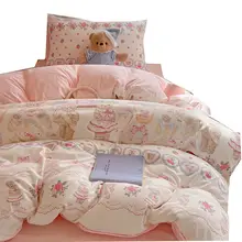 水洗コットン 学生用寝室ベッド用品3点セット【シングルサイズ・タオル付き・刺繍デザイン】