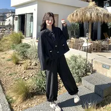 洗練されたデザイン！ブラックカジュアルパンツ＆トップス【春秋用・ユニークな学院風・美しい煌めき】（セットアップ対応）