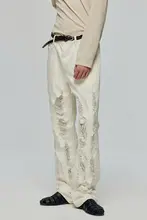 Simple Project 白色コットン製 ヴィンテージ感のあるダメージデザイン ストレートレッグカジュアルデニムパンツ