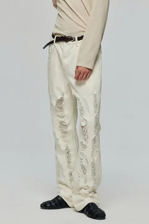 Simple Project 白色コットン製 ヴィンテージ感のあるダメージデザイン ストレートレッグカジュアルデニムパンツ
