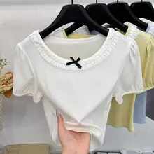 フランス風レトロリボン付きレースバブルスリーブTシャツ【半袖・ゆったりフィット・夏用】