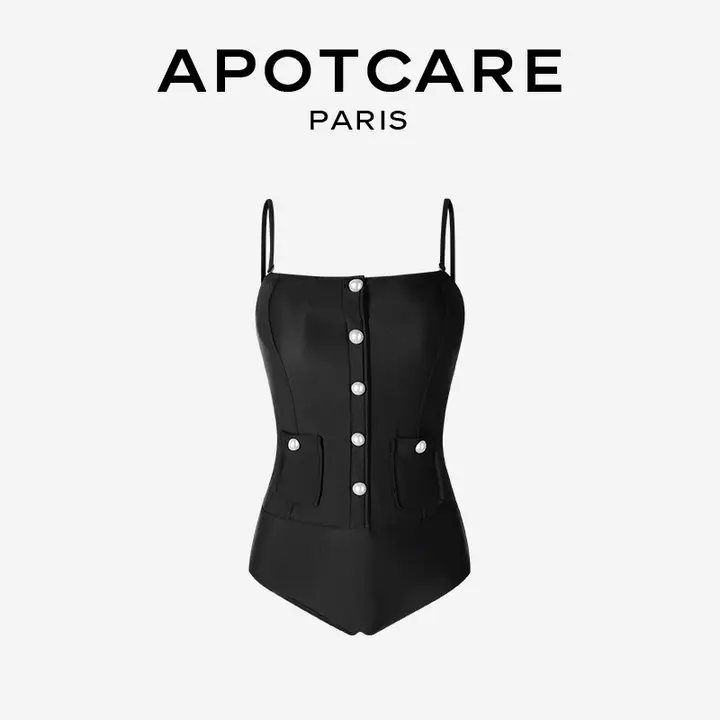 APOTCARE 洗練されたデザイン！パールボタン付きチューブトップワンピース水着【体型カバー・極上の柔らかさ】