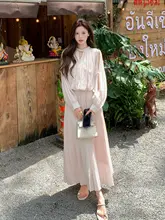 裸ピンクのフリルレーストップスとハイウエストスカート【夏用・フランス風】【セットアップ対応】