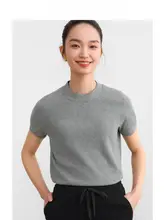 シンプルなデザインのラウンドネックニットTシャツ【夏用・コットン】【セットアップ対応】