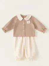 2点セット キッズ ガールズ チェック柄シャツ ピーターパンカラー ロングパンツ キャラクター柄 フレンチ風 可愛い 秋物