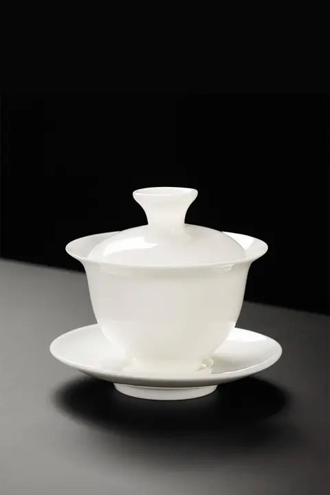 白瓷製 大型手作り茶碗【蓋付き・家庭用・功夫茶用】