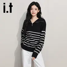 ストライプのハーフジップニットトップス【女性用・ラウンジスタイル・襟付き】