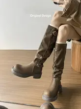 厚底レトロロングブーツ【ショートブーツ・ベルト付き・ライダーススタイル・女性用】