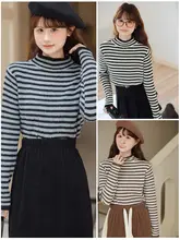 レトロストライプのハイネックニットトップス【長袖・春秋用・女性用】