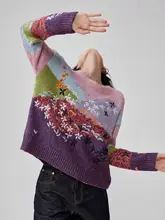 芸術的な油絵刺繍入りのカラフルなクルーネックニットセーター【春用・女性用】
