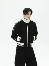 デザイン感あるジッパーカラーコンビネーション立襟ジャケット【男性用・ルーズストレートパンツ・カジュアルスタイル】（セットアップ対応）