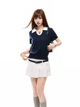 ポロ襟の配色半袖Tシャツ【女性用・ウエストシェイプ・夏用】