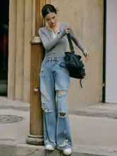 ブルーのウォッシュドヒッピー風ダメージデニムパンツ【ゆったりフィット・スト レートレッグ】（セットアップ対応）