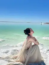 フレンチスタイルのシフォンロングドレス【夏用・バックオープン・ハイウエスト・スリットデザイン】