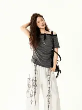 ヴィンテージ風ストライプオフショルダー長袖Tシャツ【夏用・フィット感・女性用】