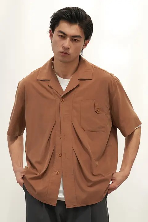 イエロー 軽量 しわになりにくい キューバ襟シャツ メンズ/普段着 用 レーヨン ライセル モダール ダブルプリーツ