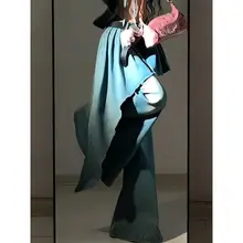 デザイン性のあるフレアデニムパンツ【春用・ウエストリボン・レディース】