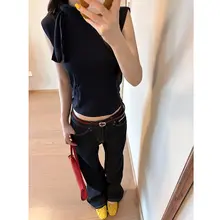 高身長向け ダークブルー ローライズストレートデニムパンツ【ワイドレッグ・ルーズフィット】（セットアップ対応）