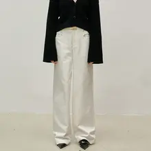 レトロストライプポケット付きストレートデニムパンツ【春夏用・ゆったりシルエット・通勤向け】（セットアップ対応）