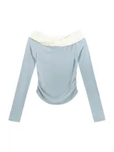 ビビッドカラーのリボン付きオフショルダー長袖Tシャツ【フィット感・秋用】