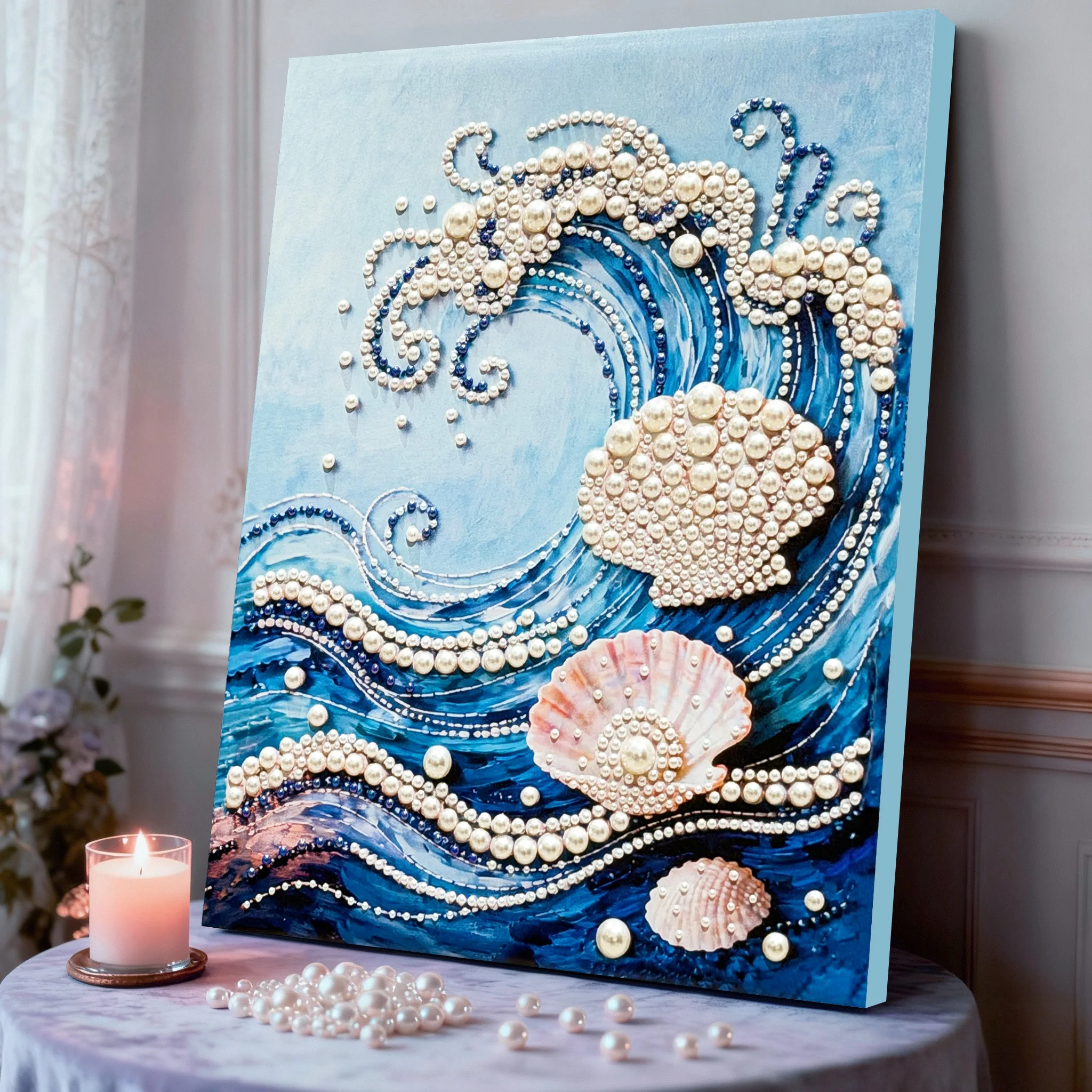 海辺の貝殻と真珠のダイヤモンド画DIY材料キット：壁掛け用の アートクラフトプロジェクトガイド