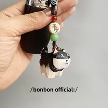 木彫り キーホルダー 手作り 黒柴犬 六字真言 組み紐 ストラップ 車 バッグ チャーム 無事安全 プレゼント