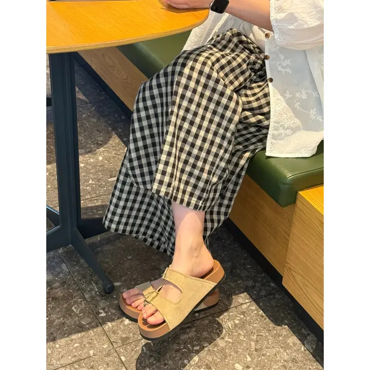 感漂うチェック柄ルーズワイドパンツ【夏用・薄手・麻素材・九分丈】